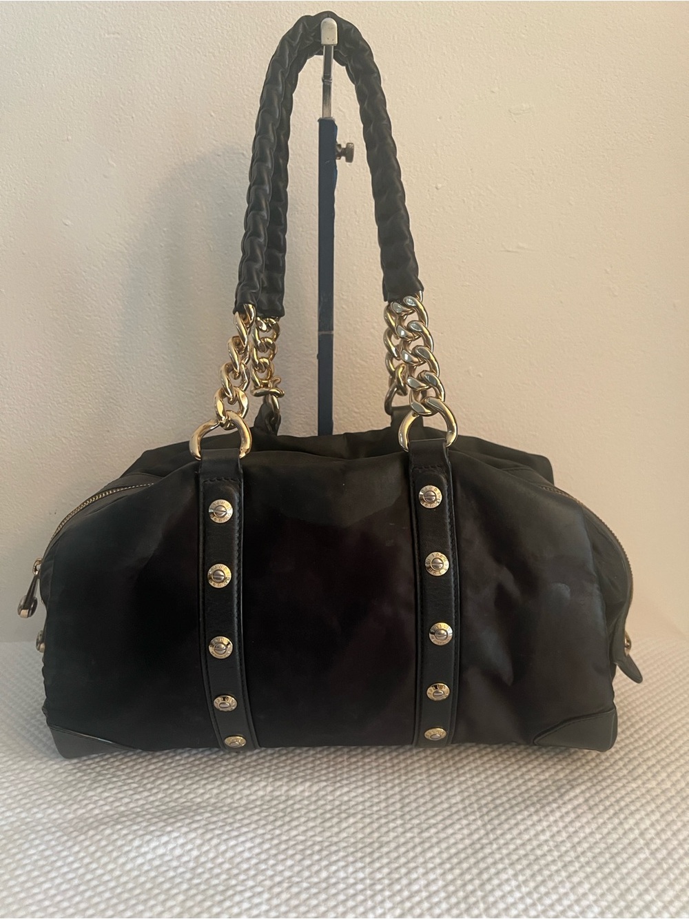 🩷Henri Bendel Nylon Gold Black Chain-Handle Women's Satchel Bag💚